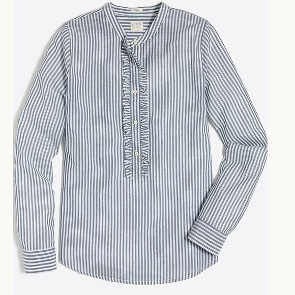 J Crew Factory Ruffle-Front Popover Shirt Blue White Cotton Small - Picture 1 of 13